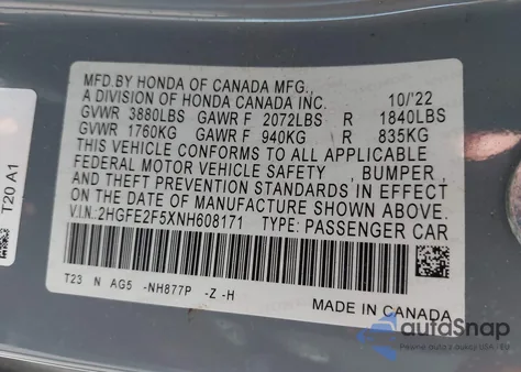 2022 Honda Civic Sport z USA, uszkodzony, nr VIN 2HGFE2F5XNH608171